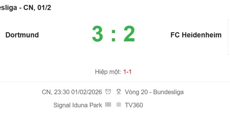 Kết quả bóng đá Dortmund và Heidenheim ngày 01/02/2026 có điểm nhấn Guirassy